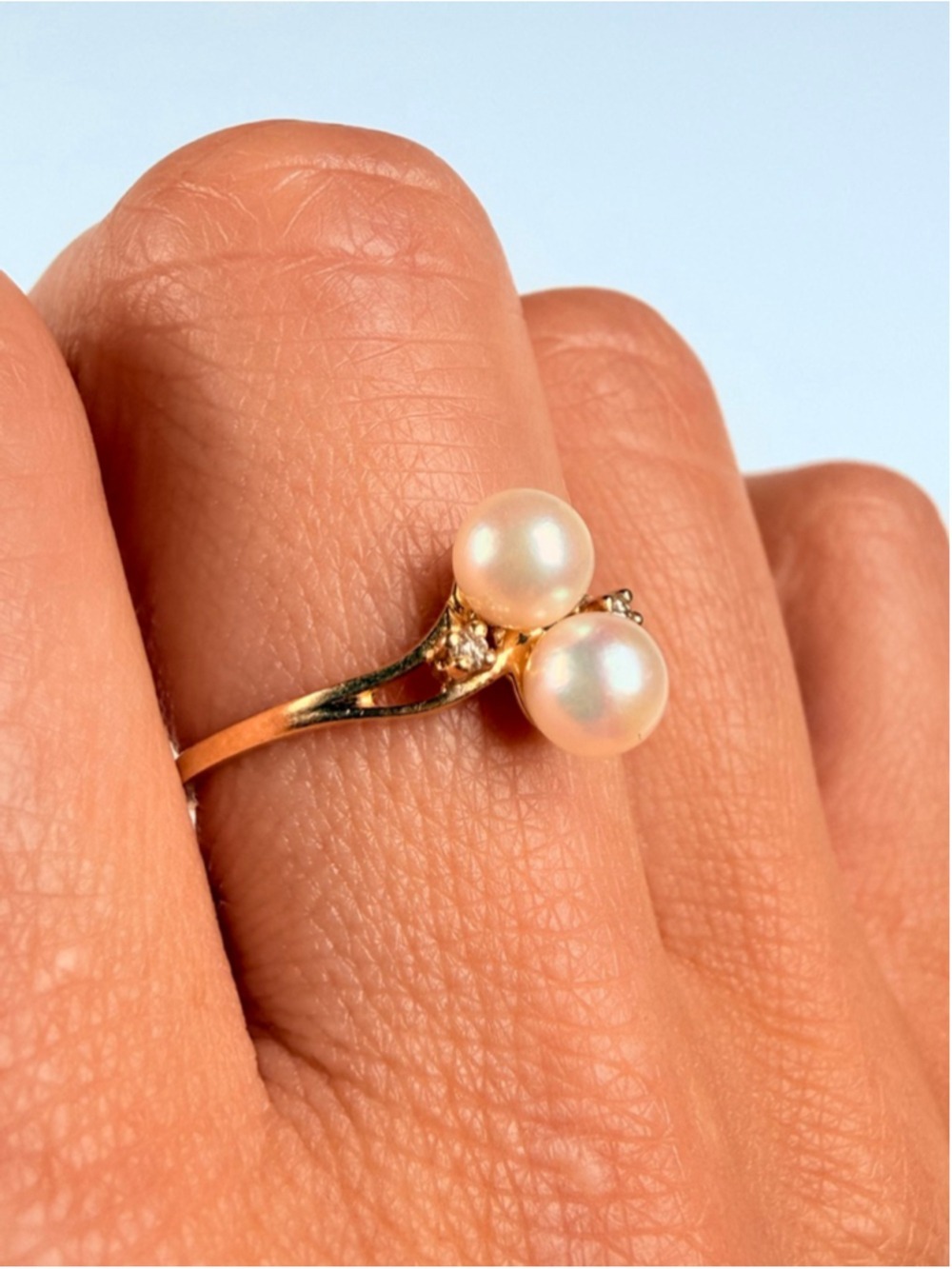 14K Solid Yellow Gold Genuine Diamond & 5MM Bypass Double Pearl VTG Ring - Picture 3 of 13